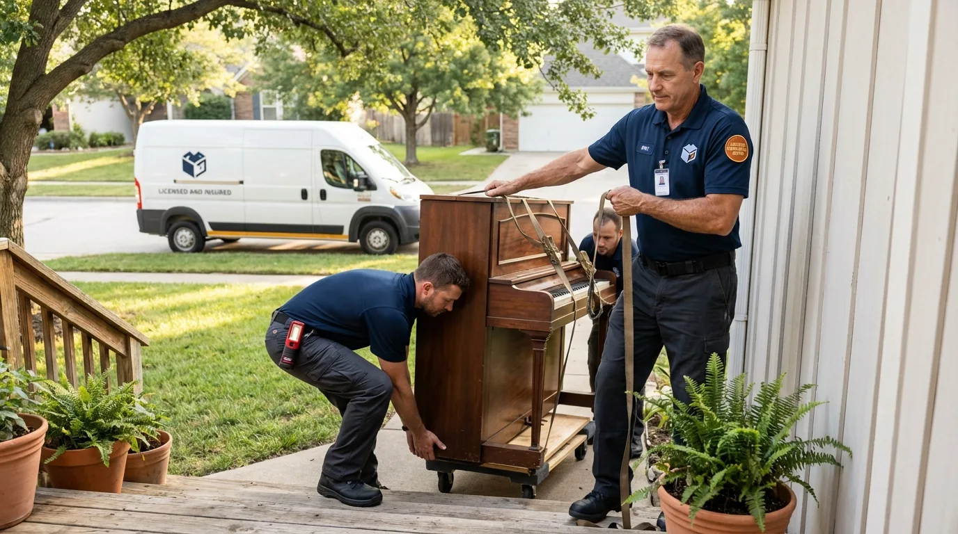 Licensed piano movers securing grand piano in Manchester, OH