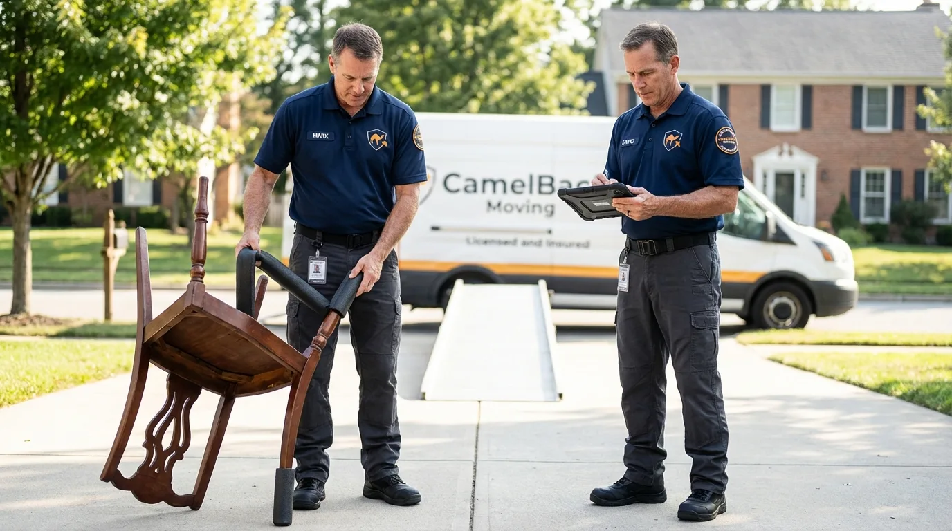 Movers inspecting furniture for damage prevention before loading in Manchester, OH