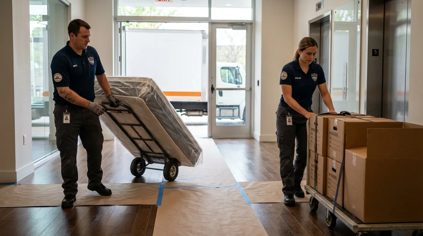 Professional apartment movers loading elevator in Manchester, OH