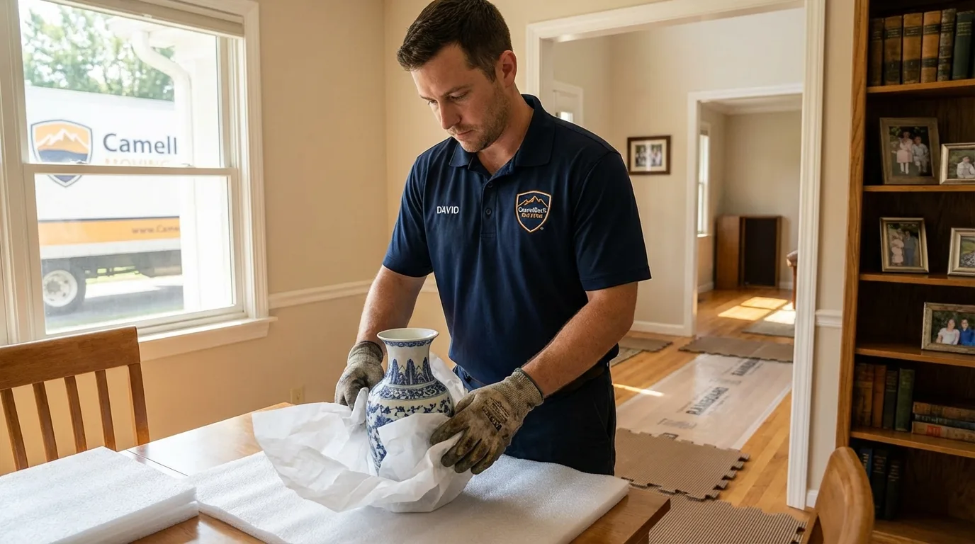 Professional crew carefully wrapping antique vase for senior downsizing move in Manchester, OH